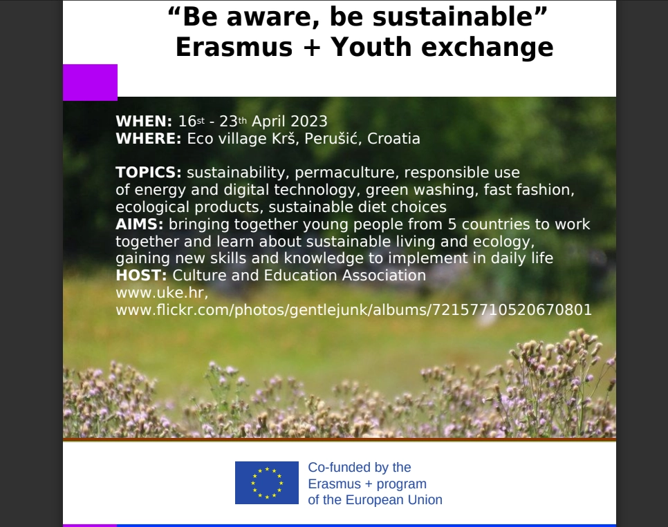 Prijavi se na razmjenu mladih: “Be aware, be sustainable” 16. – 23.4.2023.